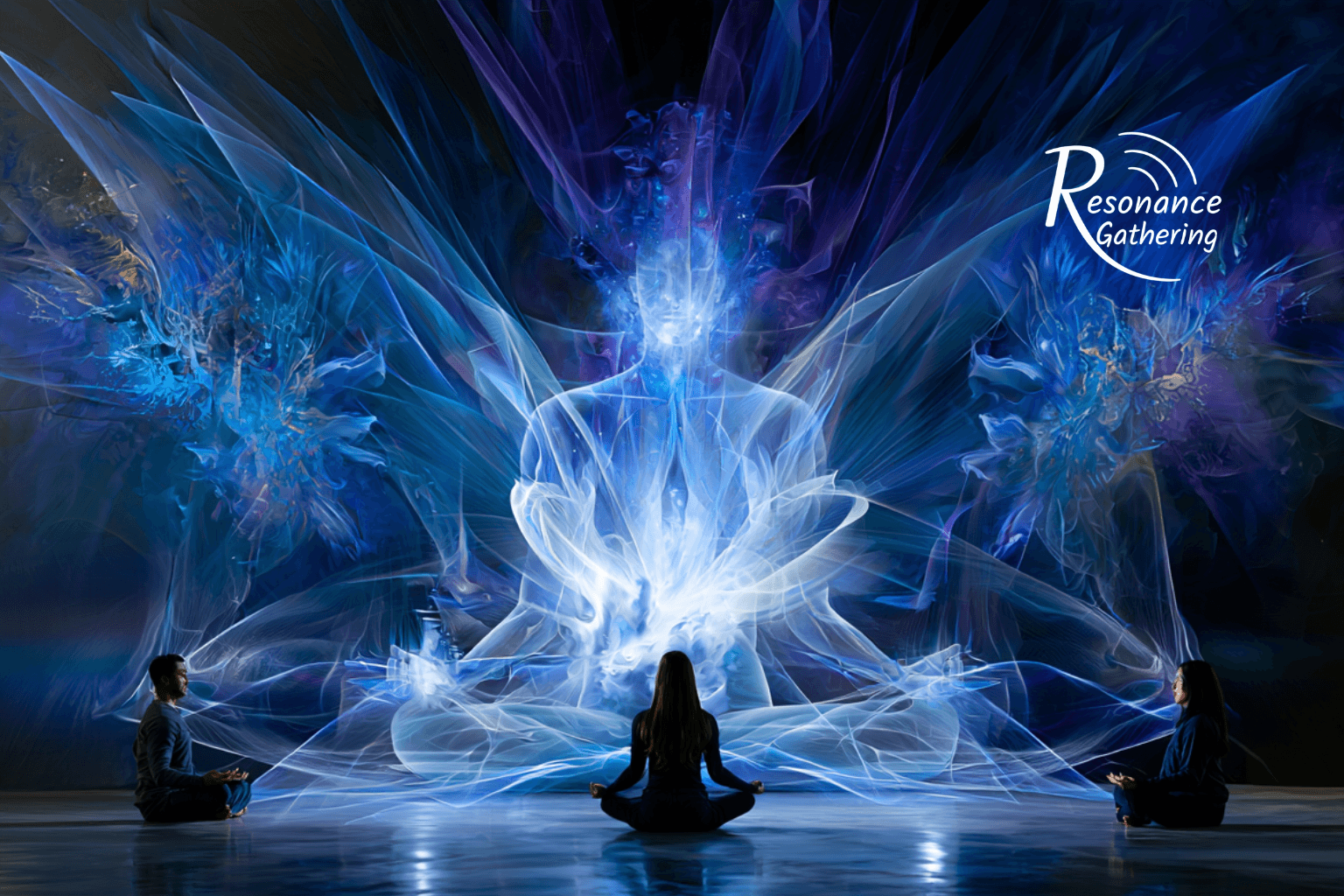 Artwork for the June Resonance Gathering showing a glowing heart shape made of golden and blue points of light.