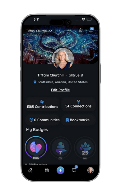 ALLTRUEistic app screen showing fulfilled intentions and transformation stories shared by the community.