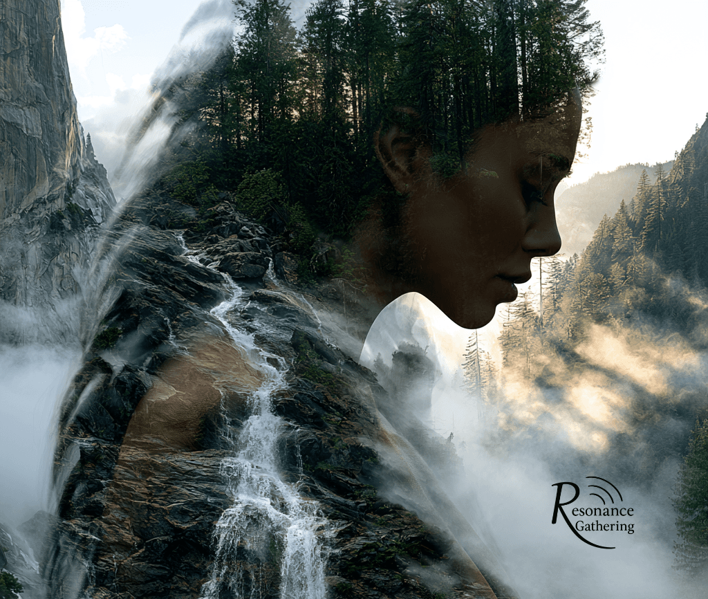 Artwork for the September Resonance Gathering showing a silhouette blended with a waterfall and misty forest.