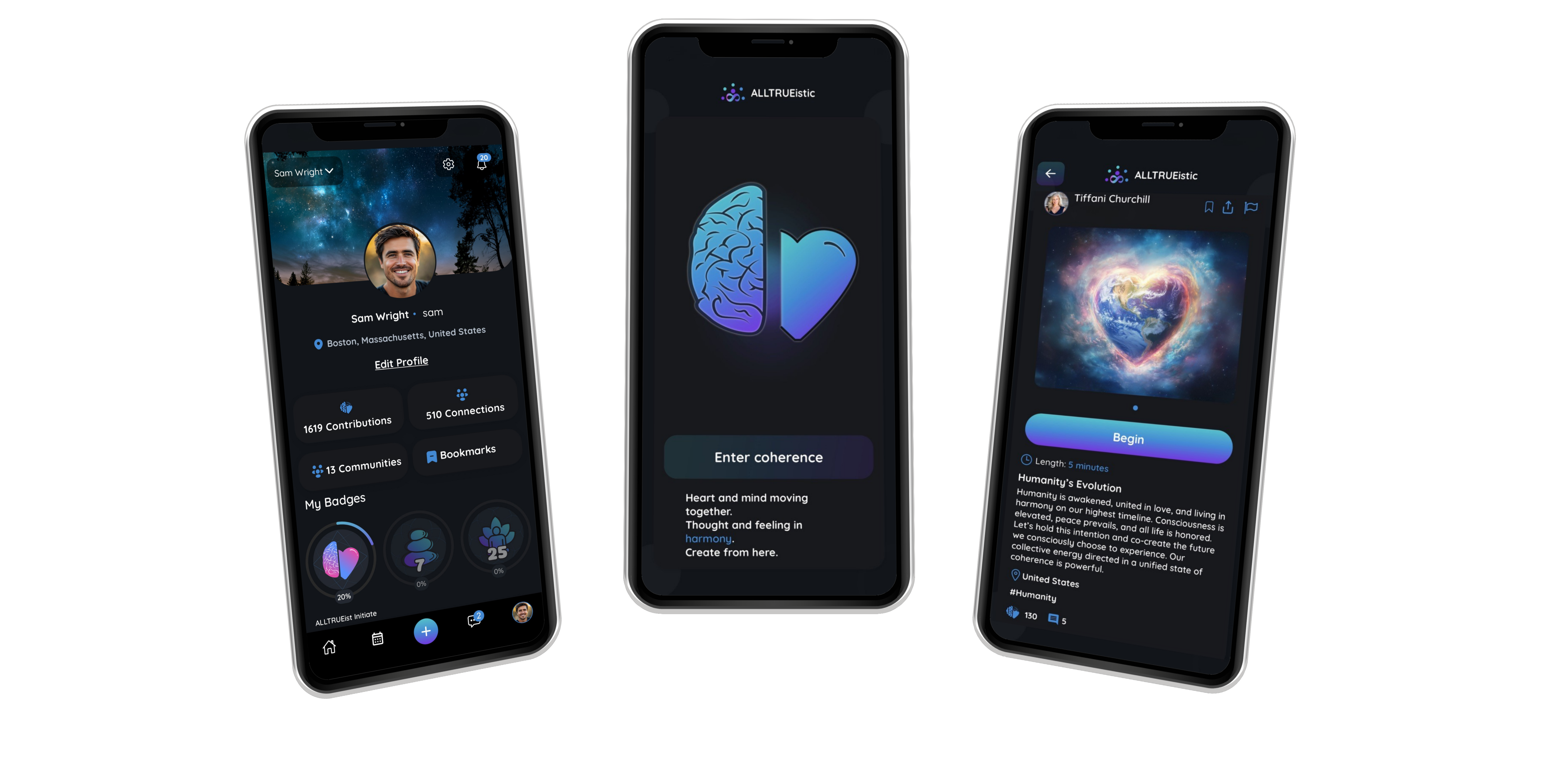Preview screens from the ALLTRUEistic mobile app