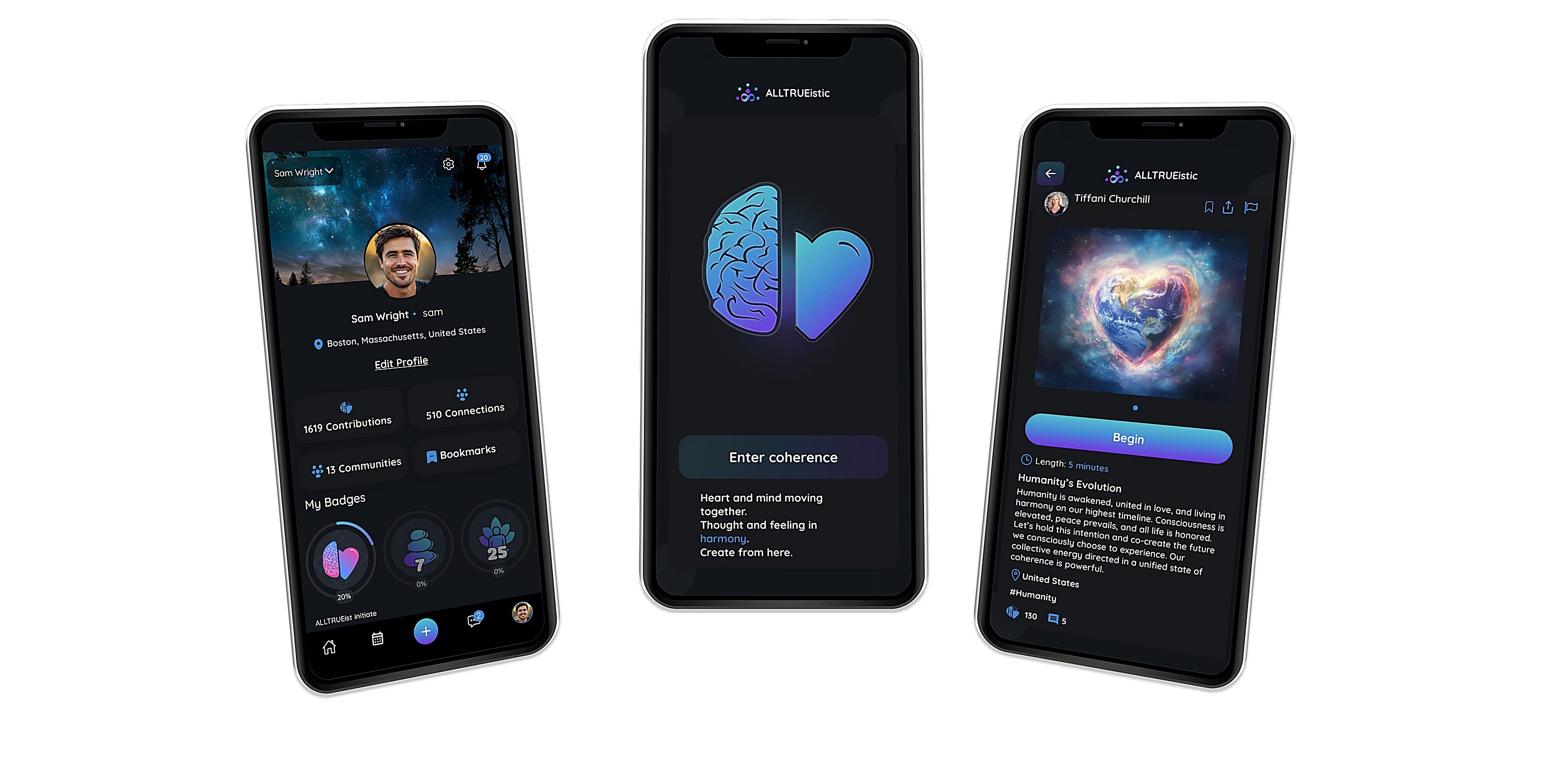 Preview screens from the ALLTRUEistic mobile app
